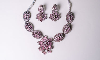 Turkish Pink Stone with American Diamonds Artistic Work Necklace
