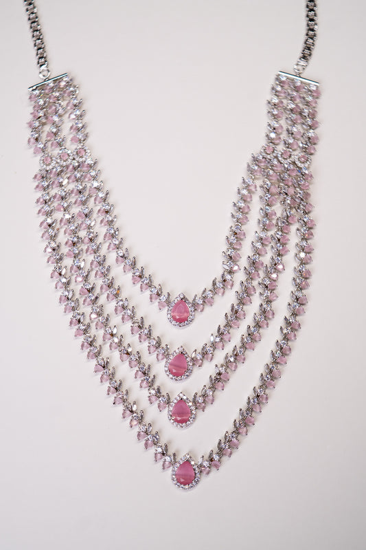 Pink American Diamonds Rhodium Finish 4 Layer Necklace