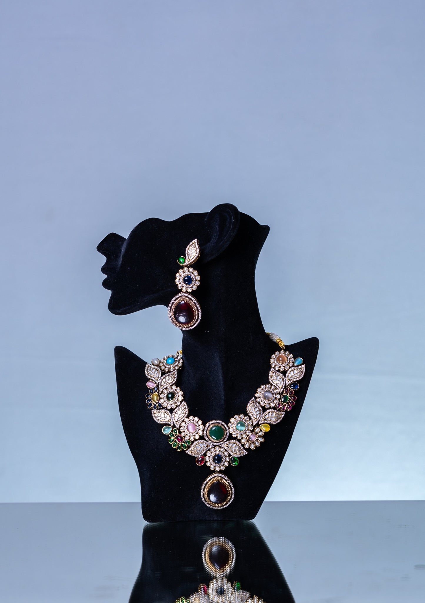 Mexican Navratan Multi-Color Natural Gemstones Floral Designer Necklace