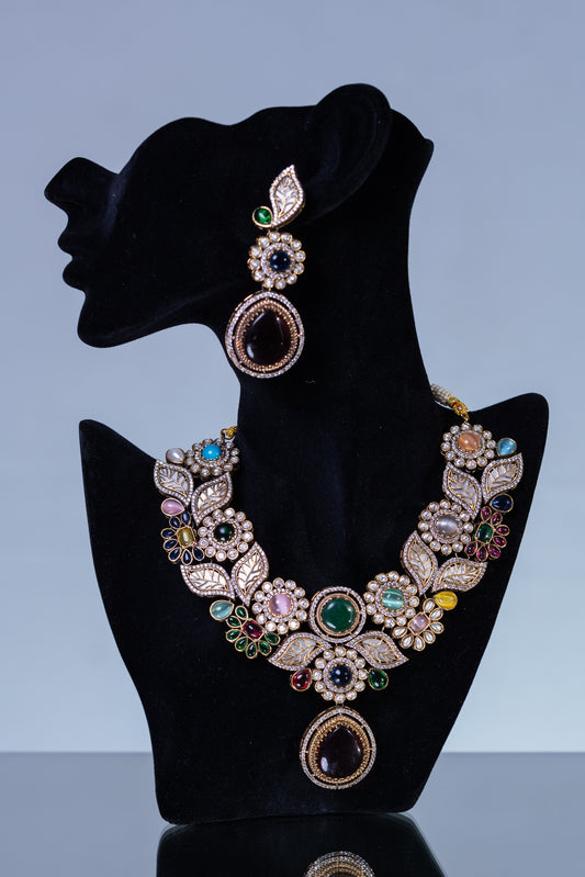 Mexican Navratan Multi-Color Natural Gemstones Floral Designer Necklace