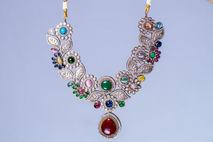 Mexican Navratan Multi-Color Natural Gemstones Floral Designer Necklace
