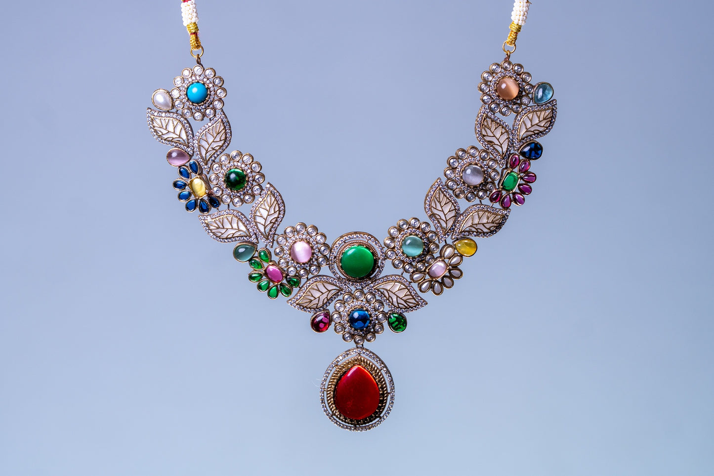 Mexican Navratan Multi-Color Natural Gemstones Floral Designer Necklace