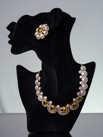 Yellow Sapphire Gemstone with American Diamonds Zirconia Work Necklace