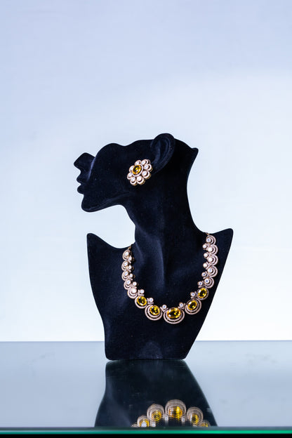 Yellow Sapphire Gemstone with American Diamonds Zirconia Work Necklace