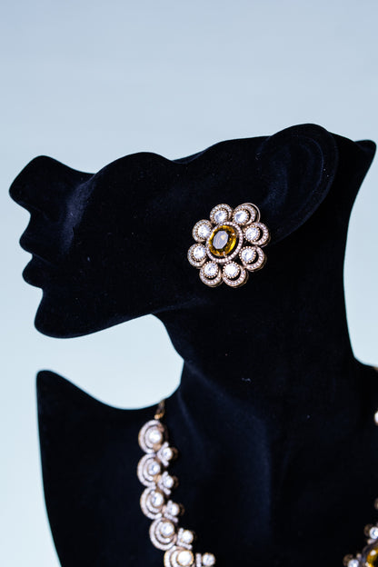 Yellow Sapphire Gemstone with American Diamonds Zirconia Work Necklace