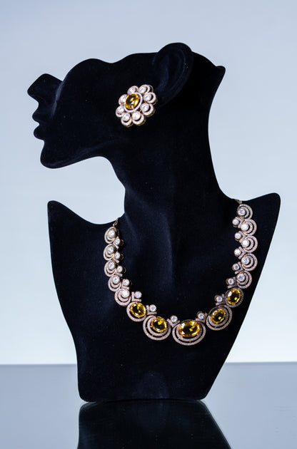 Yellow Sapphire Gemstone with American Diamonds Zirconia Work Necklace