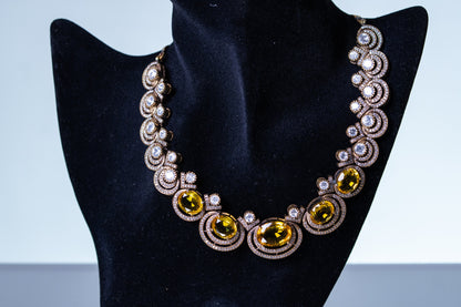 Yellow Sapphire Gemstone with American Diamonds Zirconia Work Necklace