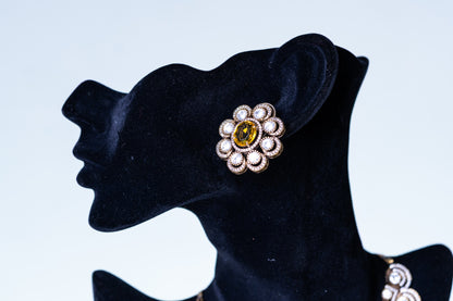 Yellow Sapphire Gemstone with American Diamonds Zirconia Work Necklace