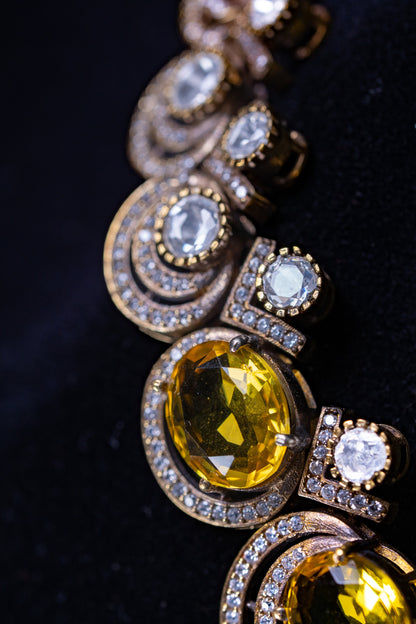 Yellow Sapphire Gemstone with American Diamonds Zirconia Work Necklace