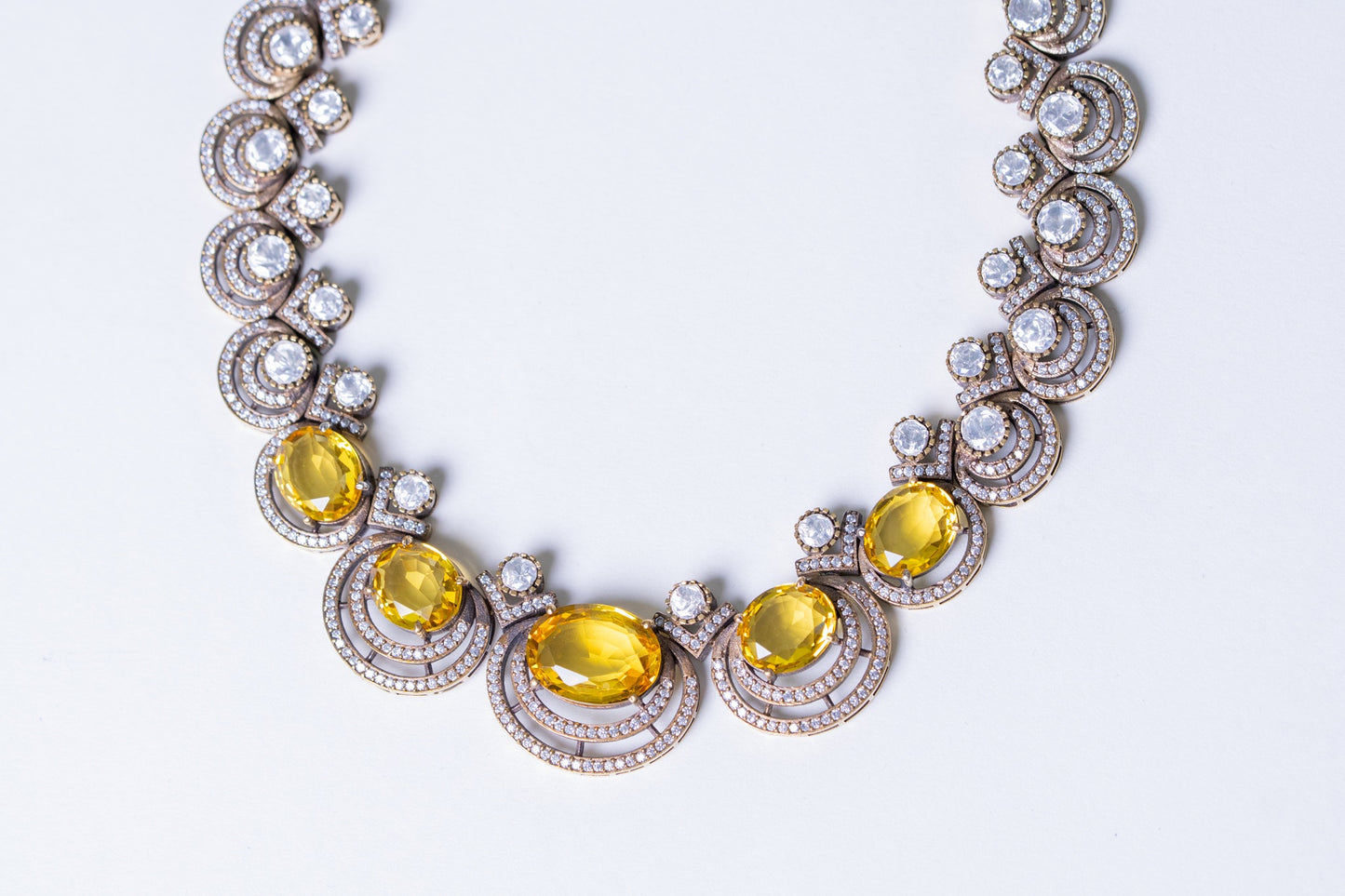 Yellow Sapphire Gemstone with American Diamonds Zirconia Work Necklace