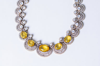 Yellow Sapphire Gemstone with American Diamonds Zirconia Work Necklace