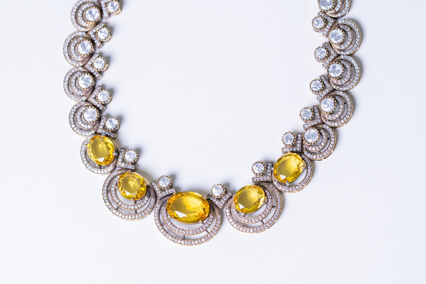 Yellow Sapphire Gemstone with American Diamonds Zirconia Work Necklace
