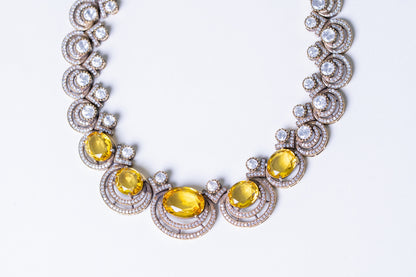 Yellow Sapphire Gemstone with American Diamonds Zirconia Work Necklace