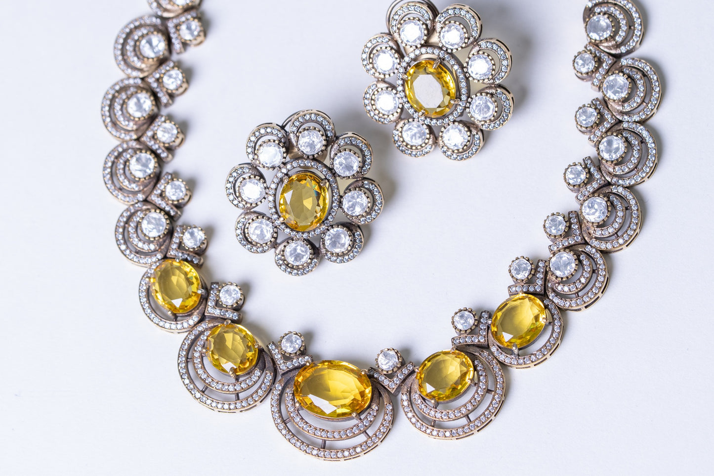 Yellow Sapphire Gemstone with American Diamonds Zirconia Work Necklace