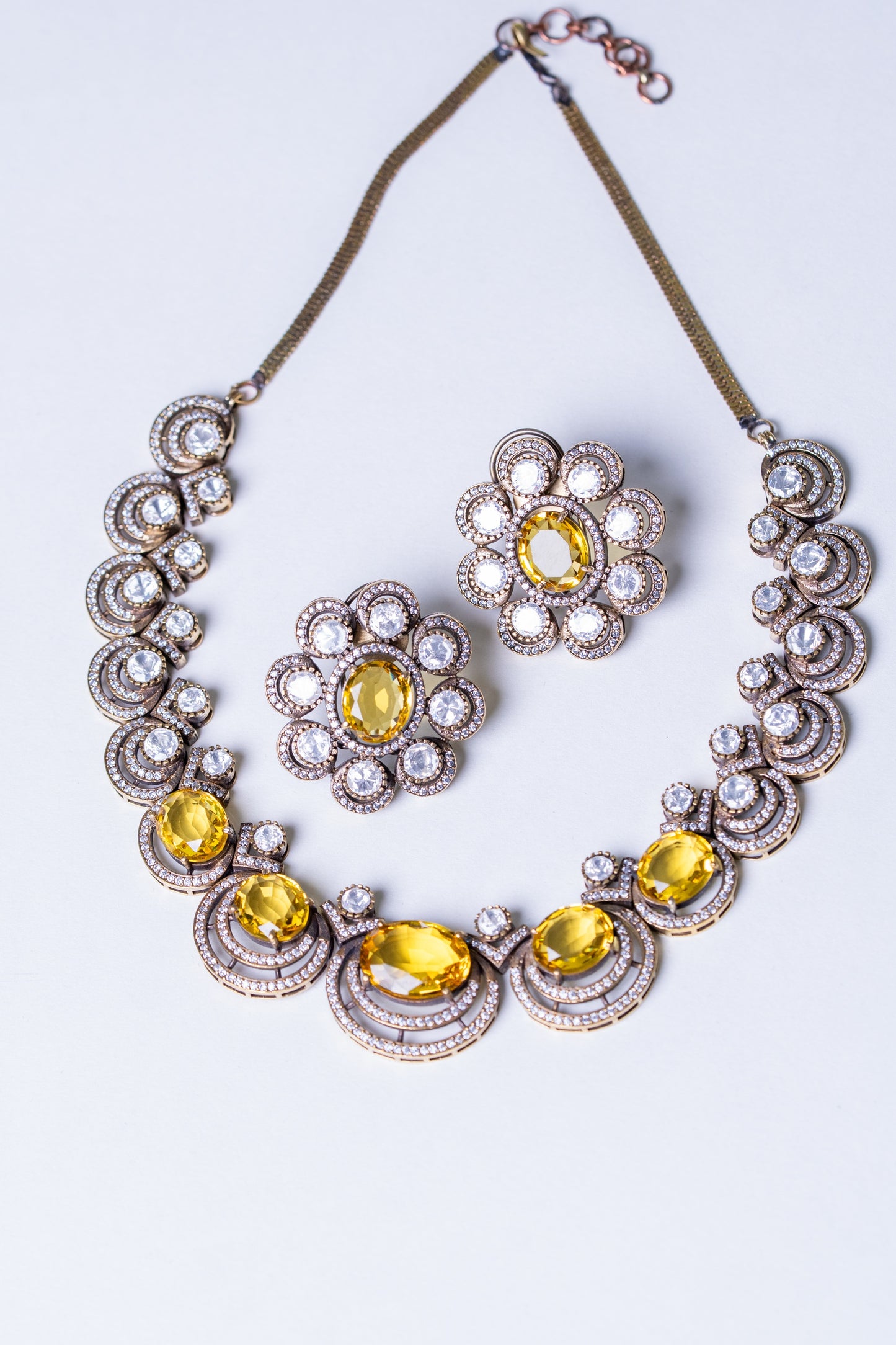 Yellow Sapphire Gemstone with American Diamonds Zirconia Work Necklace