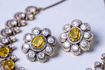 Yellow Sapphire Gemstone with American Diamonds Zirconia Work Necklace