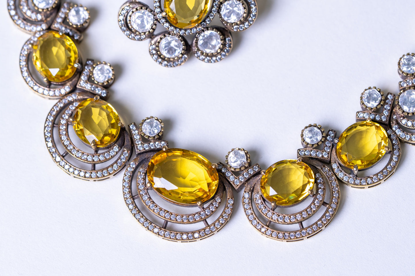 Yellow Sapphire Gemstone with American Diamonds Zirconia Work Necklace