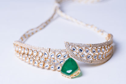 Green Emerald Doublet Drop and Moissanite Kundan Choker Necklace