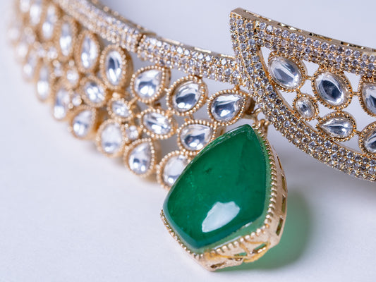 Green Emerald Doublet Drop and Moissanite Kundan Choker Necklace