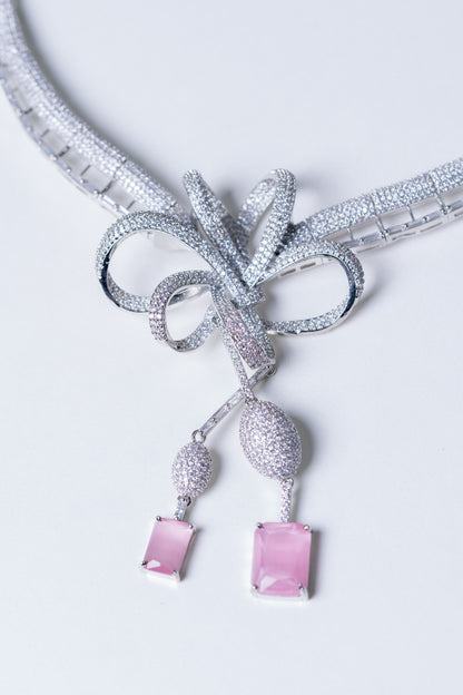 Italian Artistic Pink Stone American Diamonds Zirconia Designer Necklace
