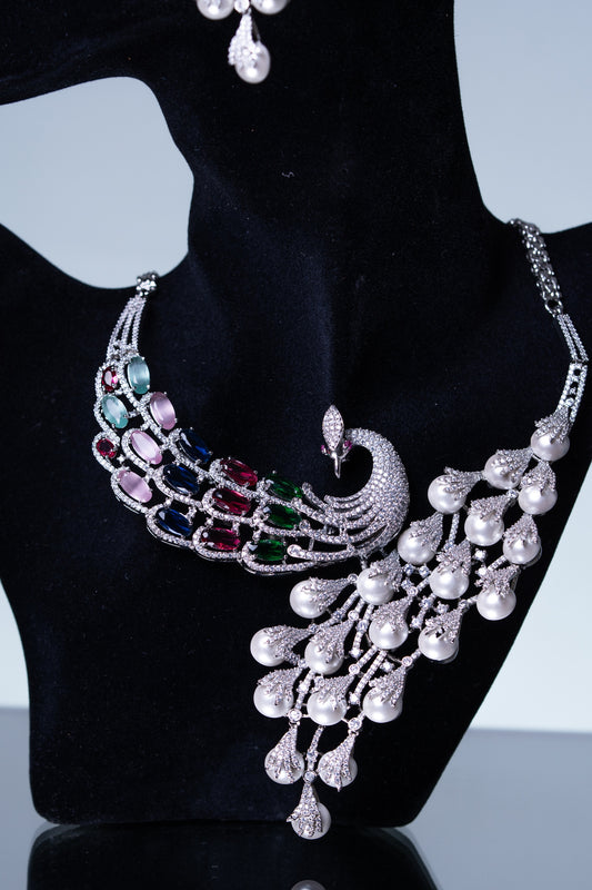 Peacock Studded with Multicolor Crystals and American Diamonds Zirconia Designer Necklace
