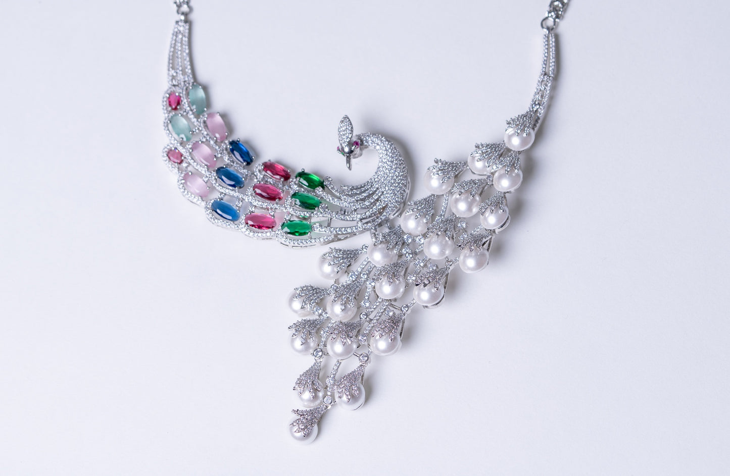 Peacock Studded with Multicolor Crystals and American Diamonds Zirconia Designer Necklace