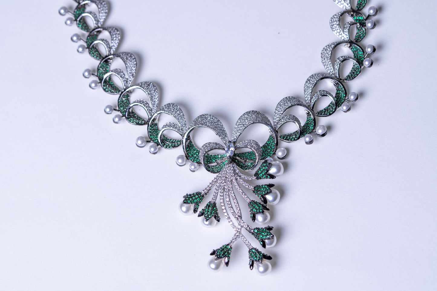 Emerald Green and White Nano Setting American Diamonds Zirconia with Real Pearl Designer 3D Necklace