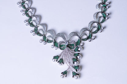 Emerald Green and White Nano Setting American Diamonds Zirconia with Real Pearl Designer 3D Necklace