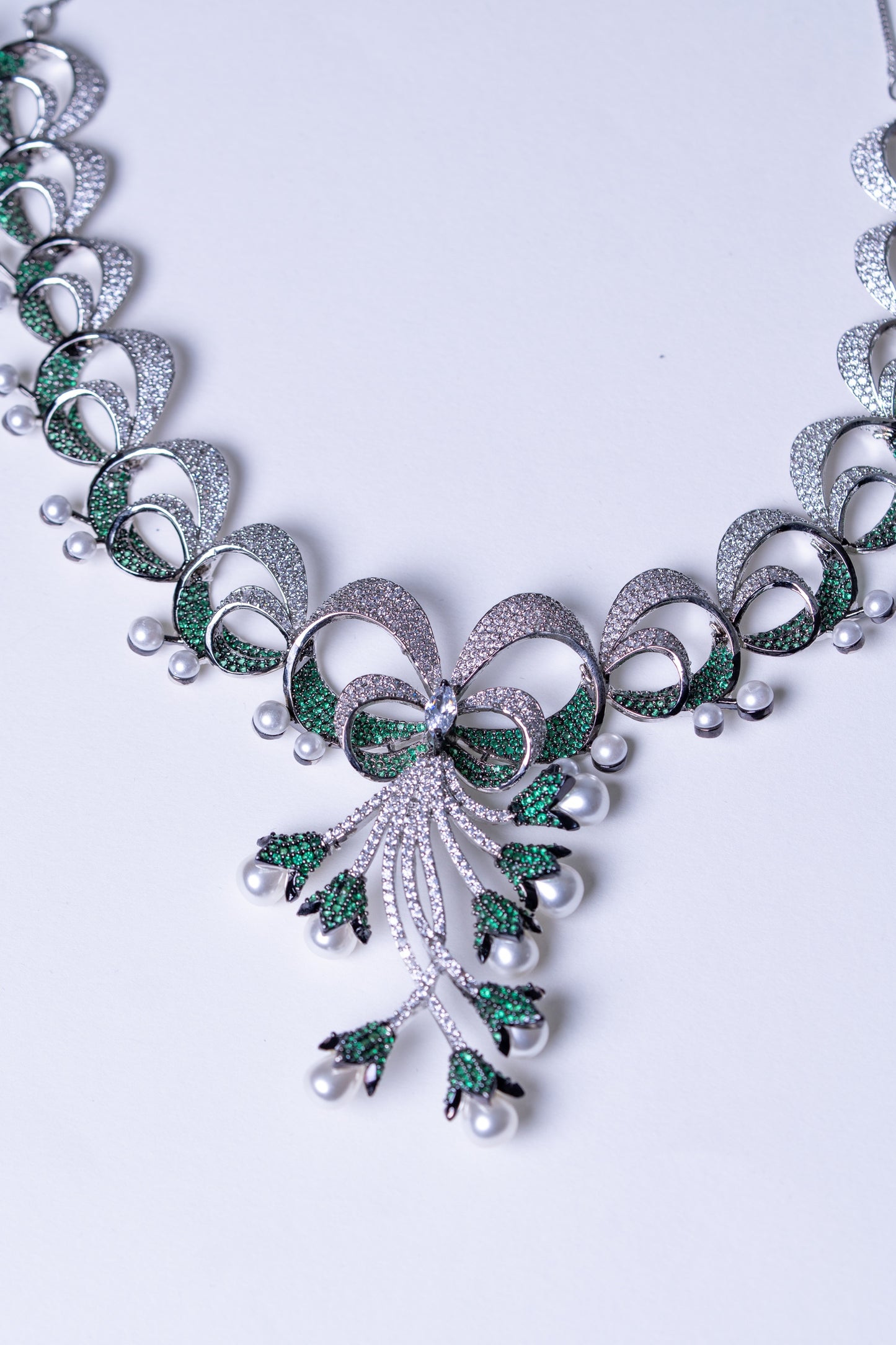 Emerald Green and White Nano Setting American Diamonds Zirconia with Real Pearl Designer 3D Necklace