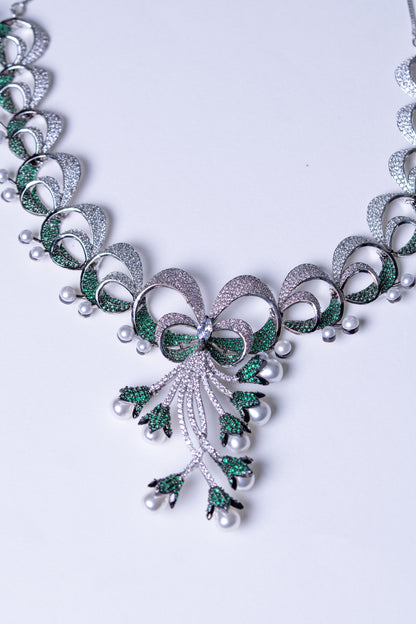 Emerald Green and White Nano Setting American Diamonds Zirconia with Real Pearl Designer 3D Necklace