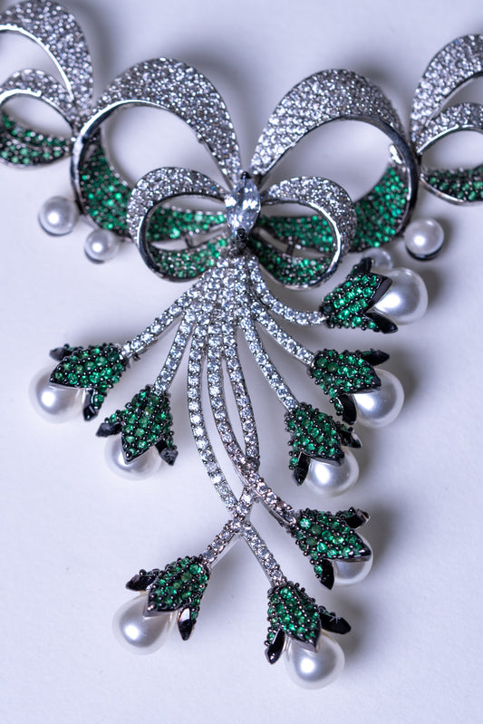 Emerald Green and White Nano Setting American Diamonds Zirconia with Real Pearl Designer 3D Necklace