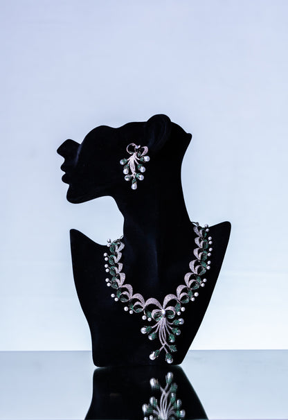 Emerald Green and White Nano Setting American Diamonds Zirconia with Real Pearl Designer 3D Necklace