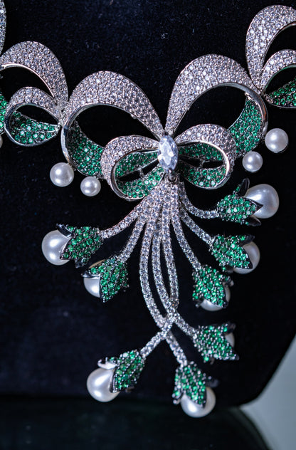 Emerald Green and White Nano Setting American Diamonds Zirconia with Real Pearl Designer 3D Necklace