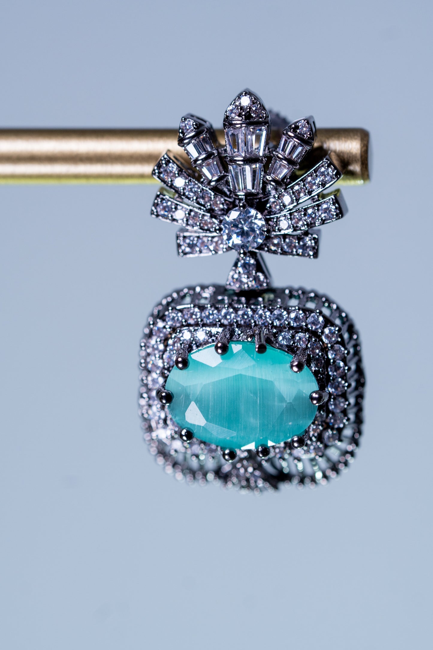 Aqua Mint Green Sapphire and American Diamonds Zirconia with Antique Oxidized Silver Plating Designer Necklace