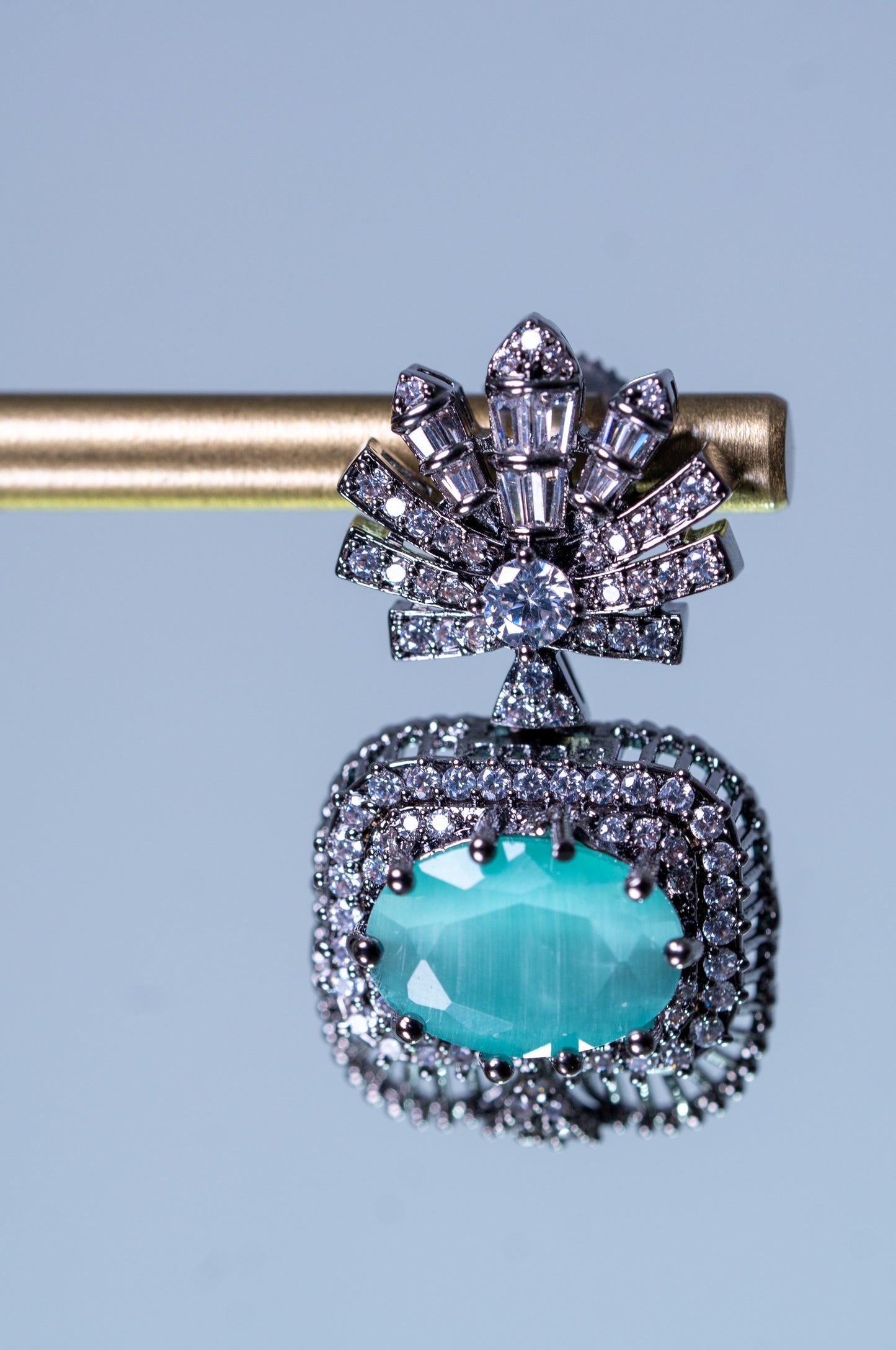 Aqua Mint Green Sapphire and American Diamonds Zirconia with Antique Oxidized Silver Plating Designer Necklace