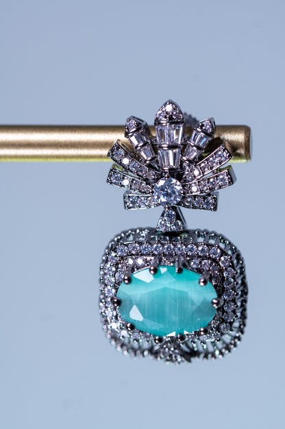 Aqua Mint Green Sapphire and American Diamonds Zirconia with Antique Oxidized Silver Plating Designer Necklace