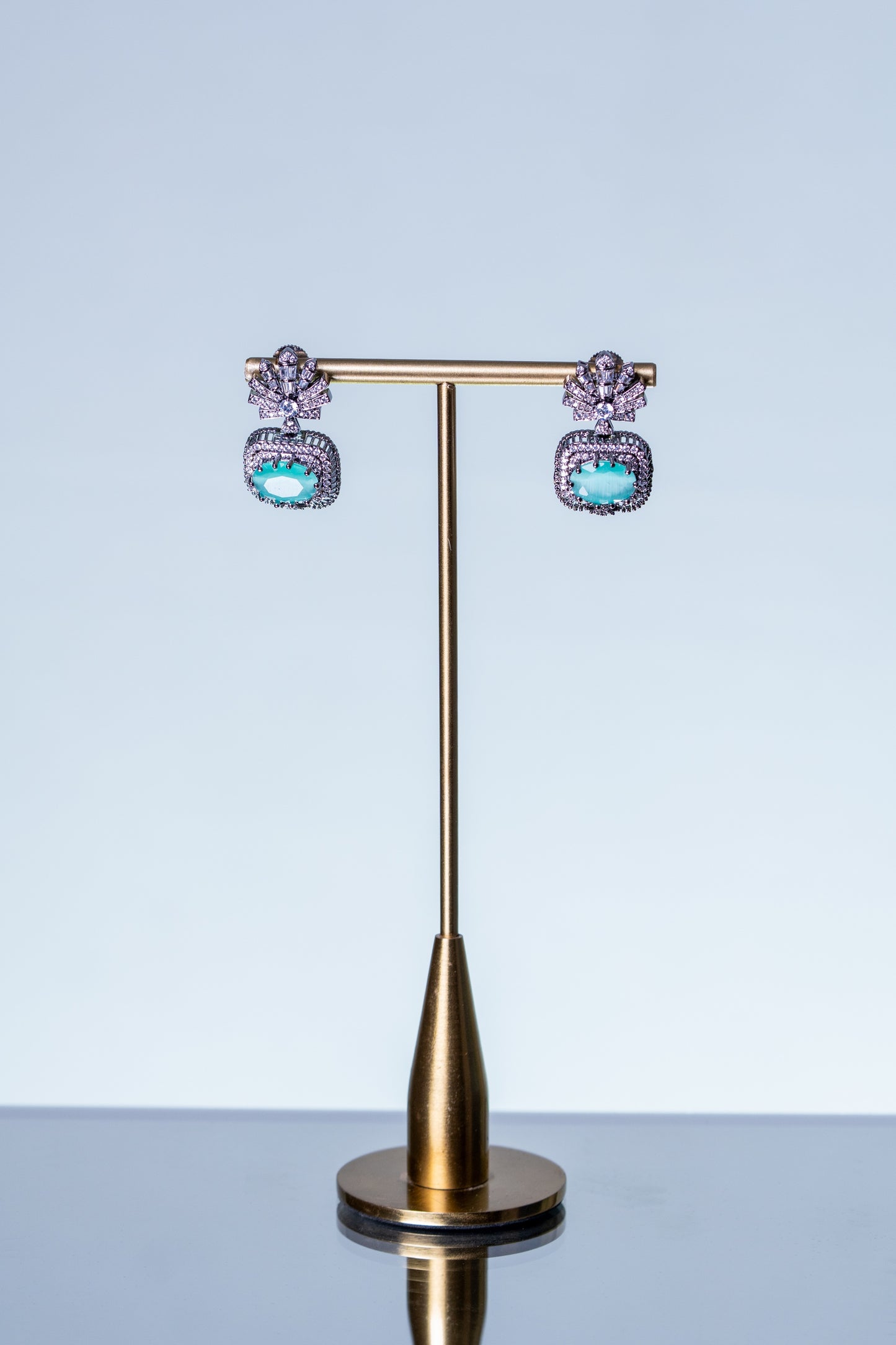 Aqua Mint Green Sapphire and American Diamonds Zirconia with Antique Oxidized Silver Plating Designer Necklace