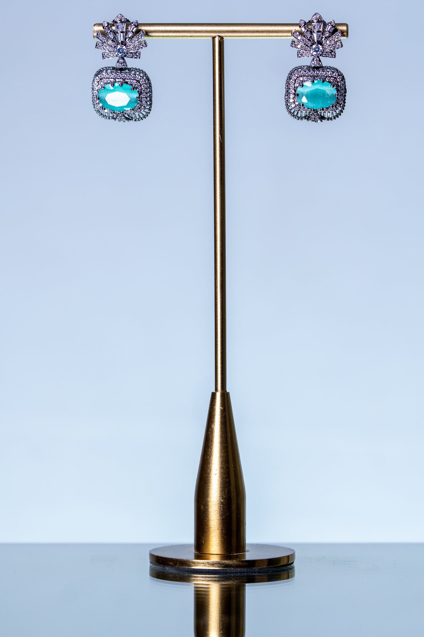 Aqua Mint Green Sapphire and American Diamonds Zirconia with Antique Oxidized Silver Plating Designer Necklace