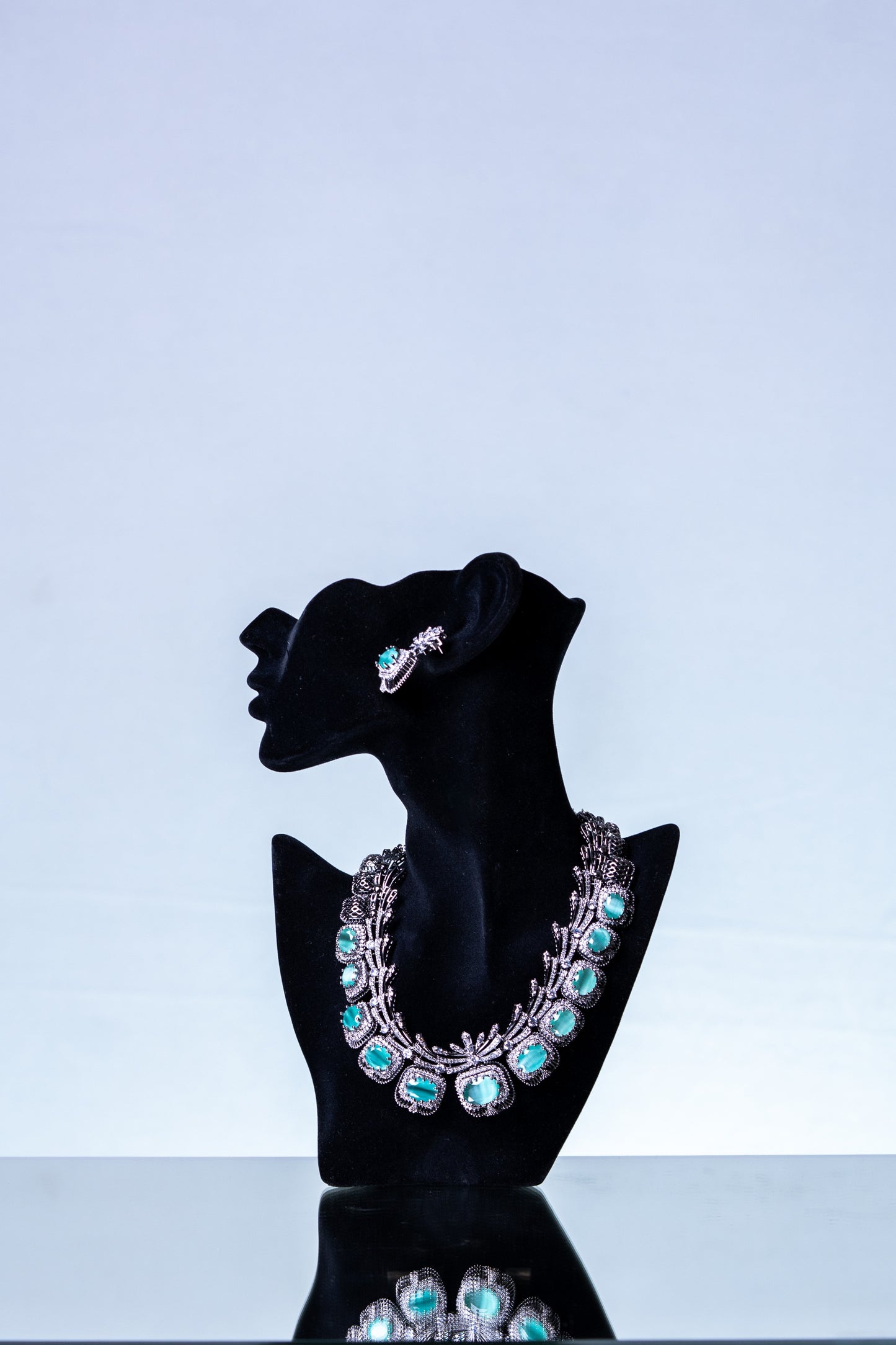 Aqua Mint Green Sapphire and American Diamonds Zirconia with Antique Oxidized Silver Plating Designer Necklace