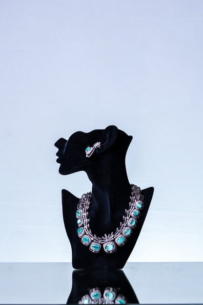 Aqua Mint Green Sapphire and American Diamonds Zirconia with Antique Oxidized Silver Plating Designer Necklace