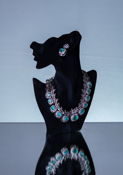 Aqua Mint Green Sapphire and American Diamonds Zirconia with Antique Oxidized Silver Plating Designer Necklace