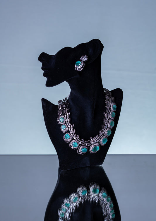 Aqua Mint Green Sapphire and American Diamonds Zirconia with Antique Oxidized Silver Plating Designer Necklace