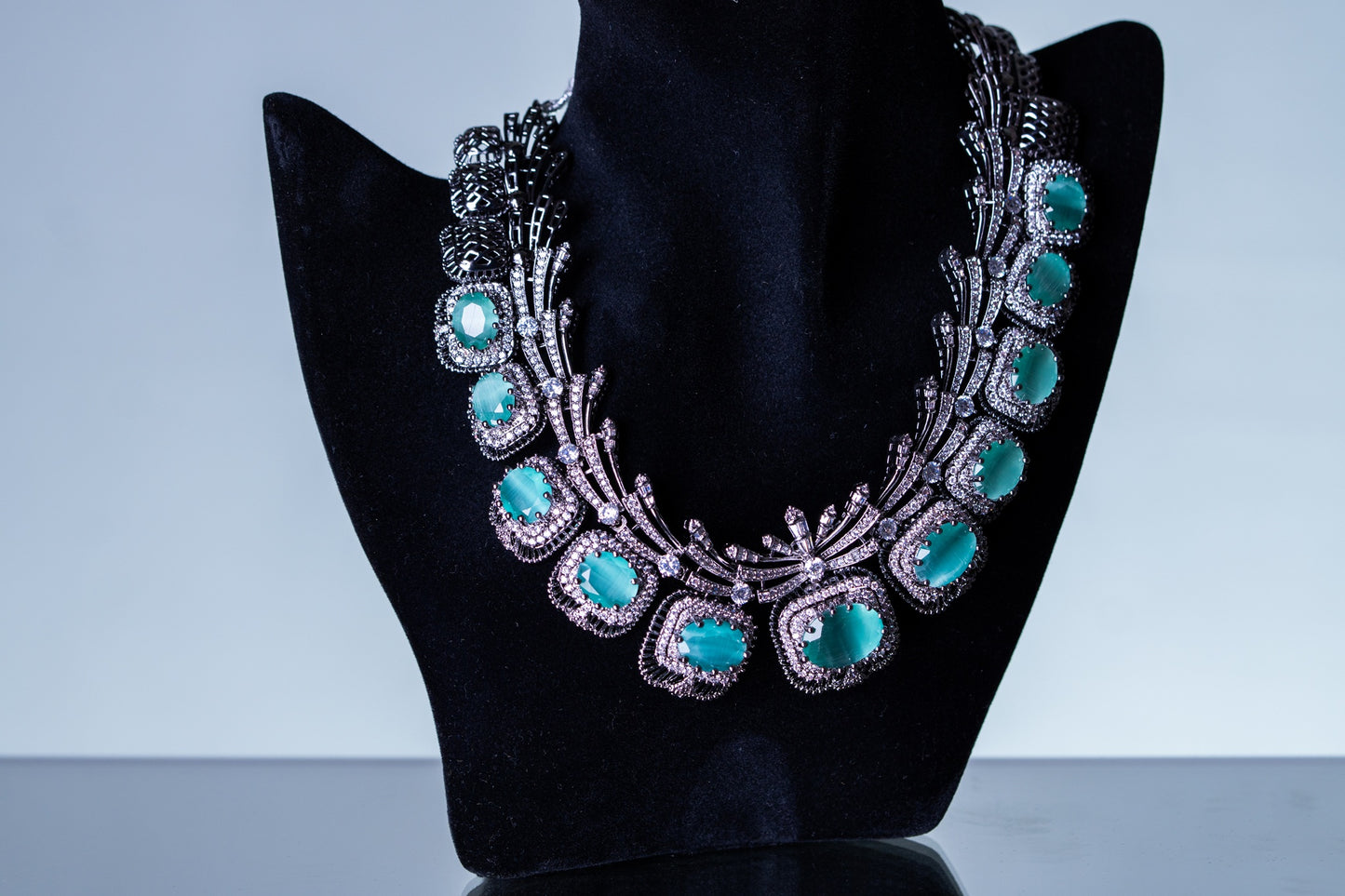 Aqua Mint Green Sapphire and American Diamonds Zirconia with Antique Oxidized Silver Plating Designer Necklace