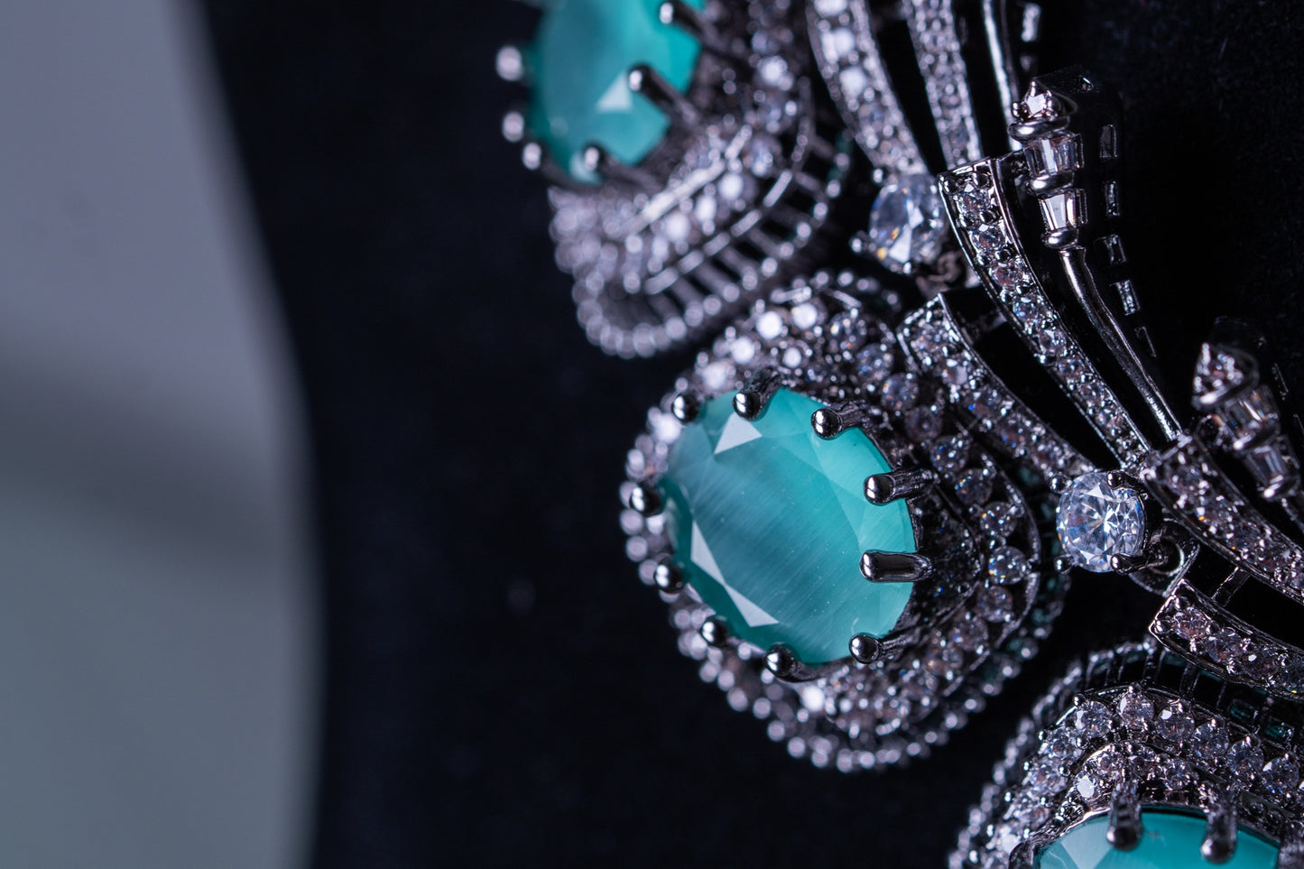 Aqua Mint Green Sapphire and American Diamonds Zirconia with Antique Oxidized Silver Plating Designer Necklace