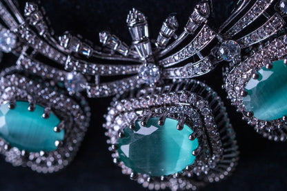 Aqua Mint Green Sapphire and American Diamonds Zirconia with Antique Oxidized Silver Plating Designer Necklace