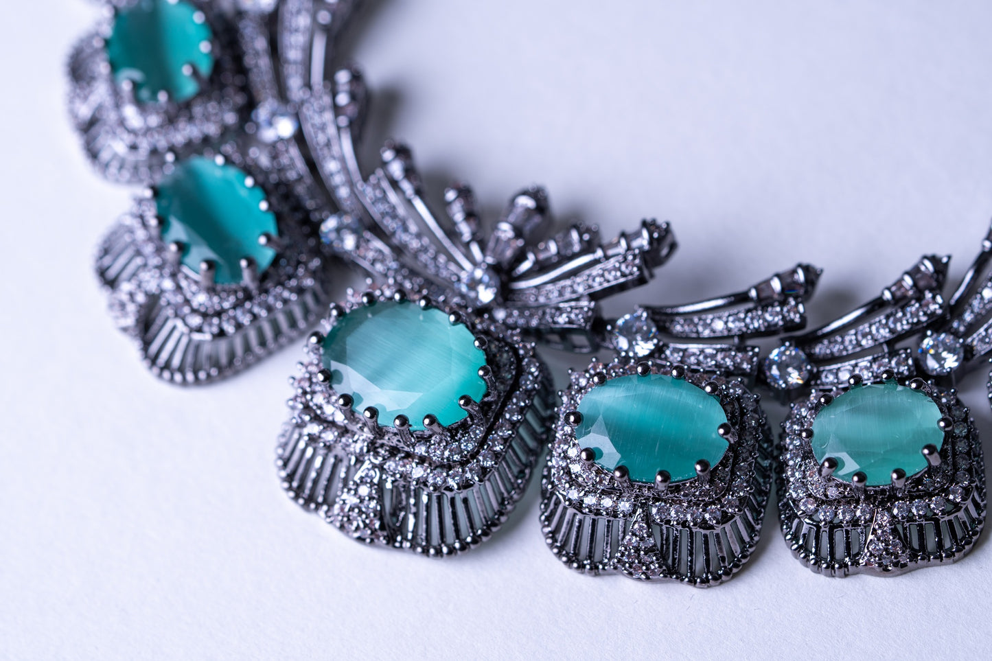 Aqua Mint Green Sapphire and American Diamonds Zirconia with Antique Oxidized Silver Plating Designer Necklace