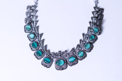 Aqua Mint Green Sapphire and American Diamonds Zirconia with Antique Oxidized Silver Plating Designer Necklace