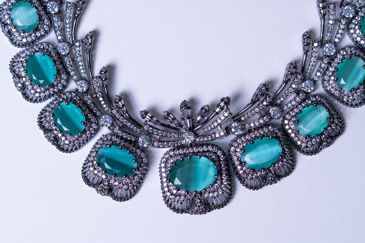 Aqua Mint Green Sapphire and American Diamonds Zirconia with Antique Oxidized Silver Plating Designer Necklace