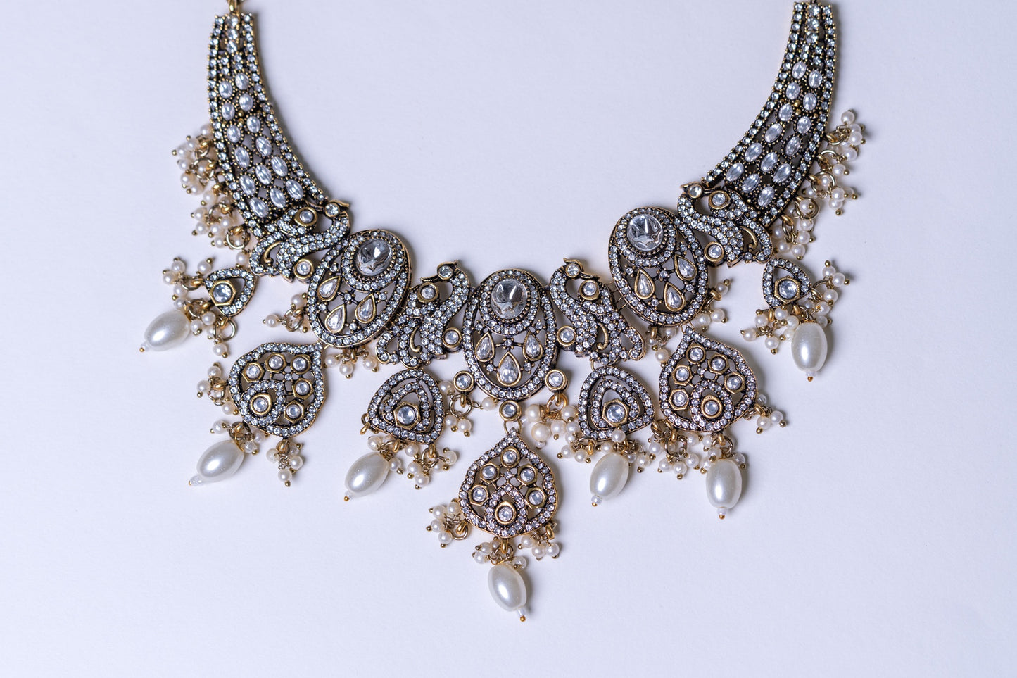 Indian Bridal Moissanite Polki with American Diamonds and Real Pearls Designer Necklace