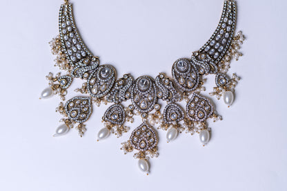 Indian Bridal Moissanite Polki with American Diamonds and Real Pearls Designer Necklace